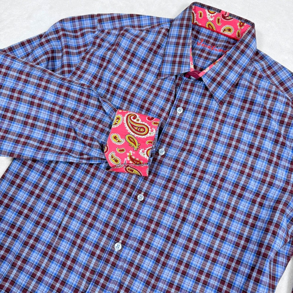 Justing Mens Tailored Fit Plaid Button Down Shirt Blue Pink Paisley Cuffs Size M